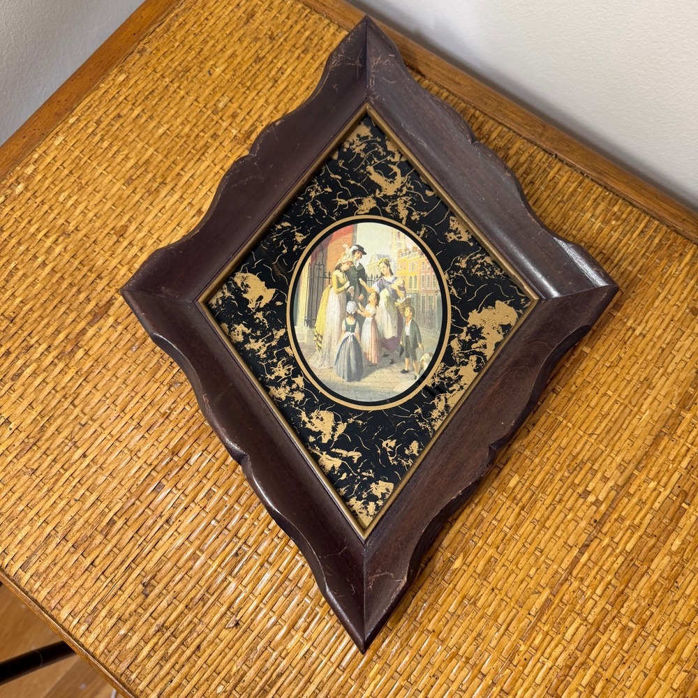 Vintage Diamond-Shaped Wood Frame Victorian Street Scene Wall Plaque